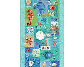 May include: A colorful collage of beach-themed illustrations, including a starfish, a seahorse, a crab, a seashell, and a sand dollar. The text "Sun Sea Surf" and "Relax" are also included in the collage.