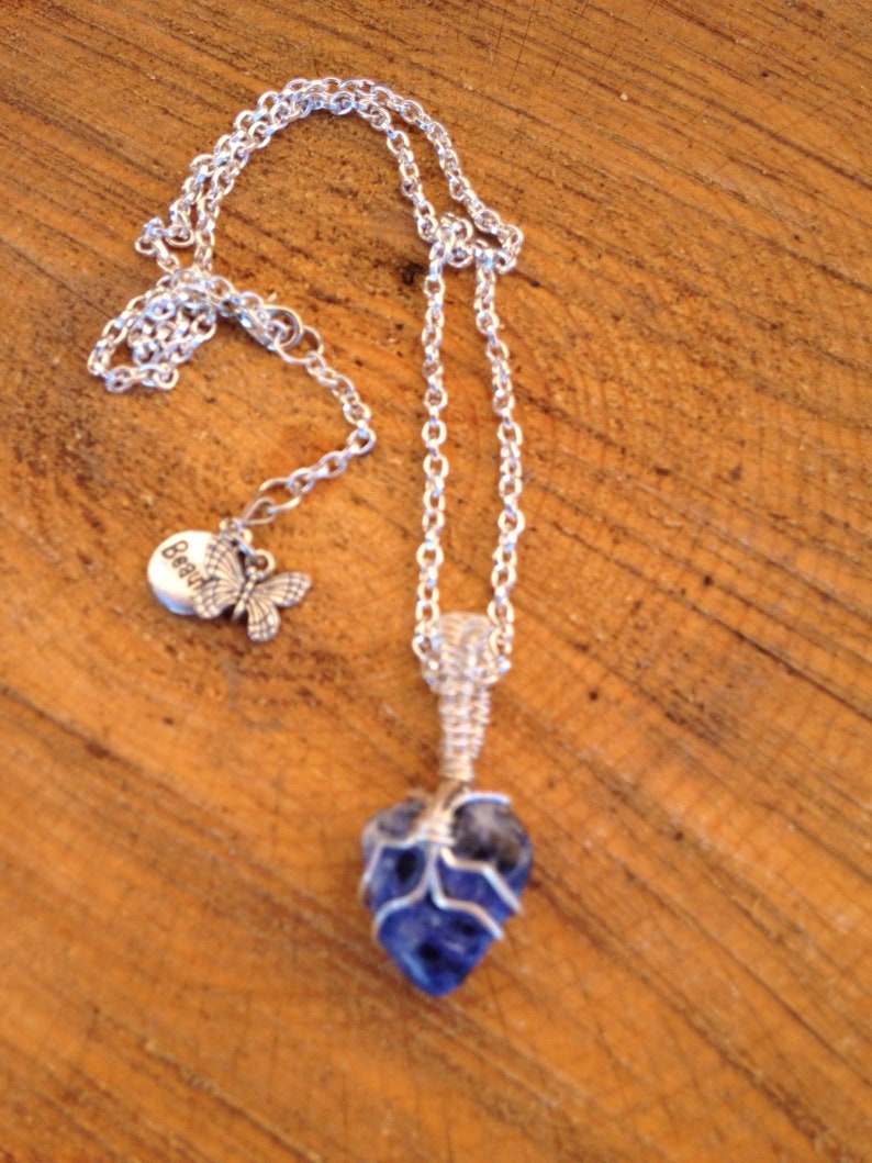 Sodalite stone wire wrapped pendant on silver chain image 0