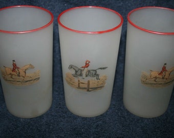 HANSETTA handpainted frosted drinking glasses red rim set 3 frosted equestrian Vintage