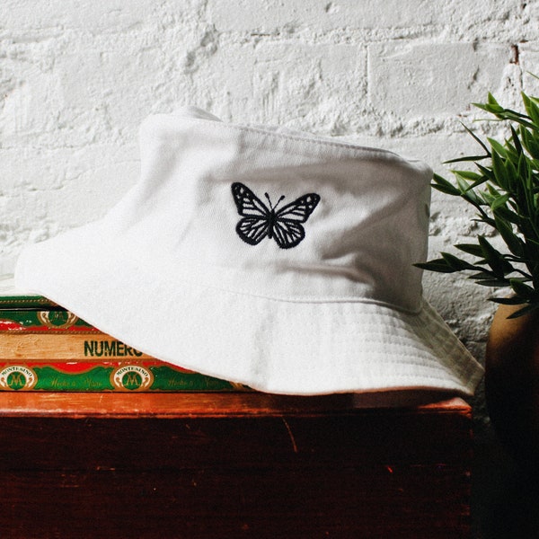 90s Butterfly Bucket Hat - White Bucket Hat - 90s Inspired Vintage Bucket Hat