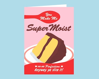 May include: A pink and red card with a cartoon image of a slice of cake and the text "You Make Me Super Moist. You Are Perfection. Anyway ya slice it!"