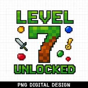 Puede incluir: Un diseño digital con texto y gráficos pixelados. Las palabras "LEVEL 7 UNLOCKED" están en verde. El número 7 es verde y marrón. Varios iconos pixelados, incluyendo una espada, una llave y gemas. El texto "PNG DIGITAL DESIGN" está en la parte inferior.