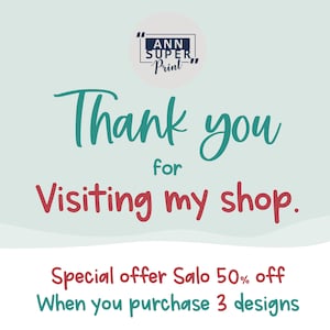 Op de afbeelding: Een turquoise en rode afbeelding met de tekst "Bedankt voor uw bezoek aan mijn winkel. Speciale aanbieding Salo 50% korting Wanneer u 3 ontwerpen koopt" en een logo met de tekst "ANN SUPER Print"