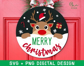Reindeer Door Hanger SVG, Merry Christmas Decor (Digital Download)