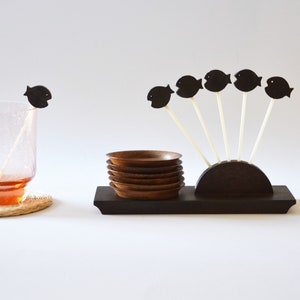 Mid Century skewers coasters rosewood wood fish table decoration party accessories maritime mini forks punch skewers punch picks 1960s