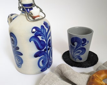 Container stoneware salt glaze earthenware blue white hand painted crockery rustic accessories country kitchen menage mid century MCM kitchen beer mug