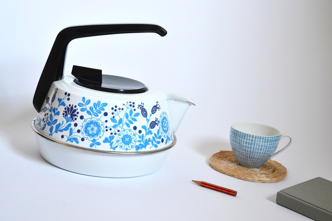1970's Kettle Enamel Blue White Flowers Floral Vintage Seventies