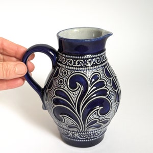 Jug stoneware salt glaze earthenware blue gray hand painted crockery rustic accessories country kitchen half liter mid century MCM kitchen beer mug image 5