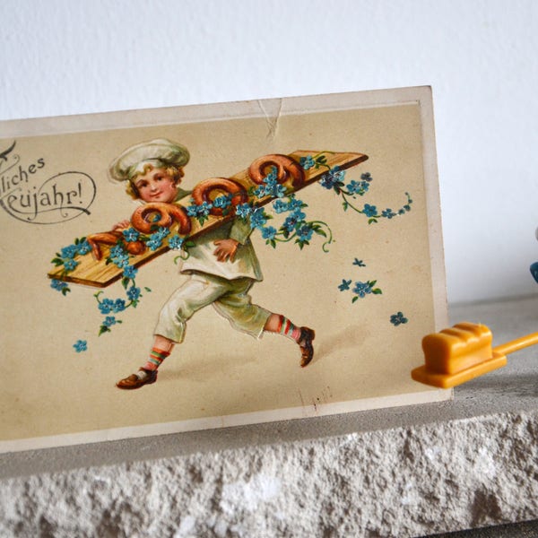Bäcker 1909 Vintage-Postkarte Jahreswechsel 1908 Neujahrsbrot Original gelaufen Geschenk Bäcker Präsent Konditor Bäckerlehrling