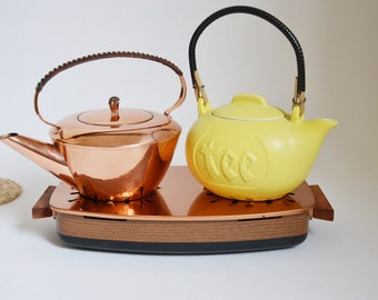Chauffe-théière en cuivre et teck des années 1960, chauffe-plats vintage, cadeau vintage pour chef, style moderne du milieu du siècle, cuisine