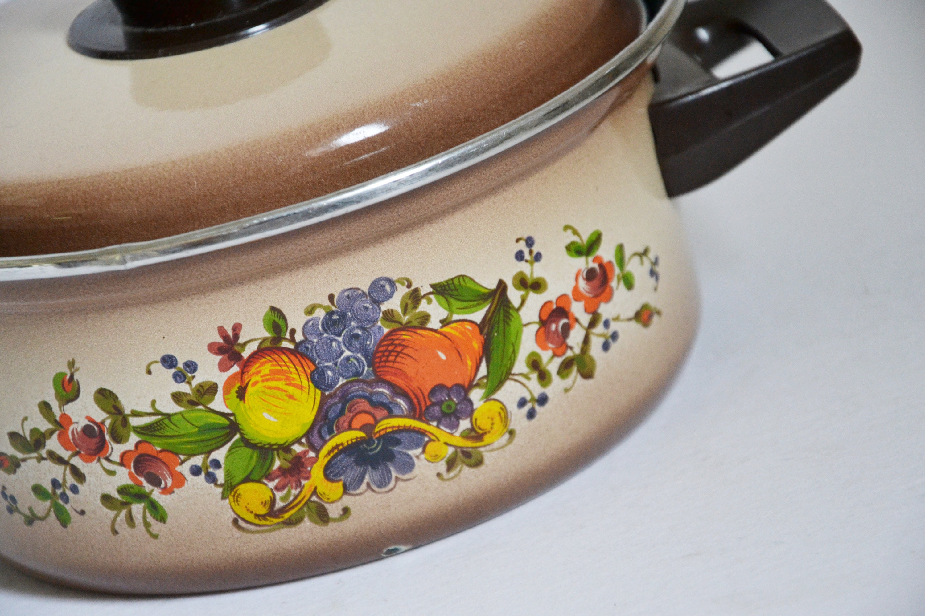 1980s cooking pot enamel Germany floral decor flowers fruits Etsy