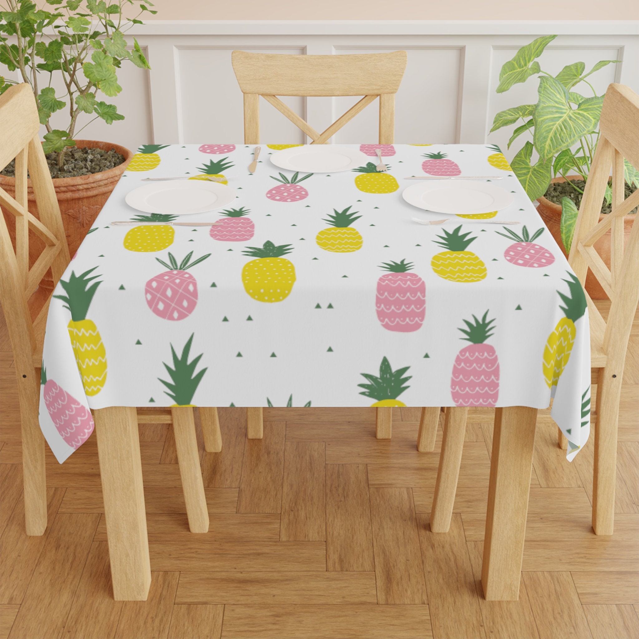 Yellow Pink Pineapples Square Tablecloth Fruit Indoor Outdoor Decor Kitchen Dining Room Table Covering Housewarming Gift