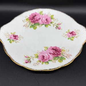 May include: A white oval cake plate with a gold rim and pink rose floral pattern.
