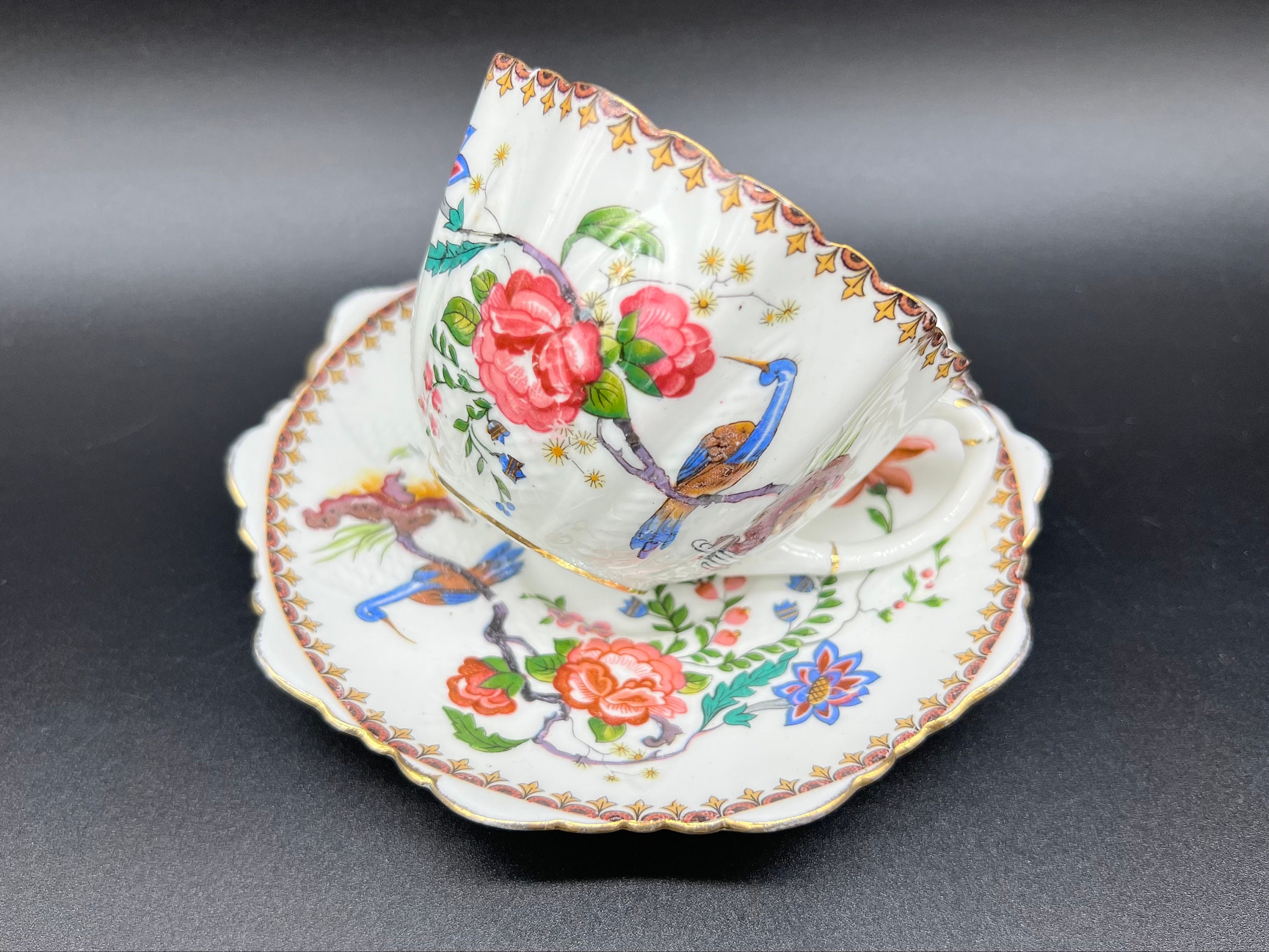 Royal Paragon Birds of Paradise Tea Cup Saucer Set Bone Royal Paragon Birds of Paradise Tea Cup Saucer Set Bone