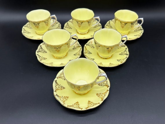 Royal Albert Gold Lace Yellow Tea Cup Saucer Sets(set of 6) Bone