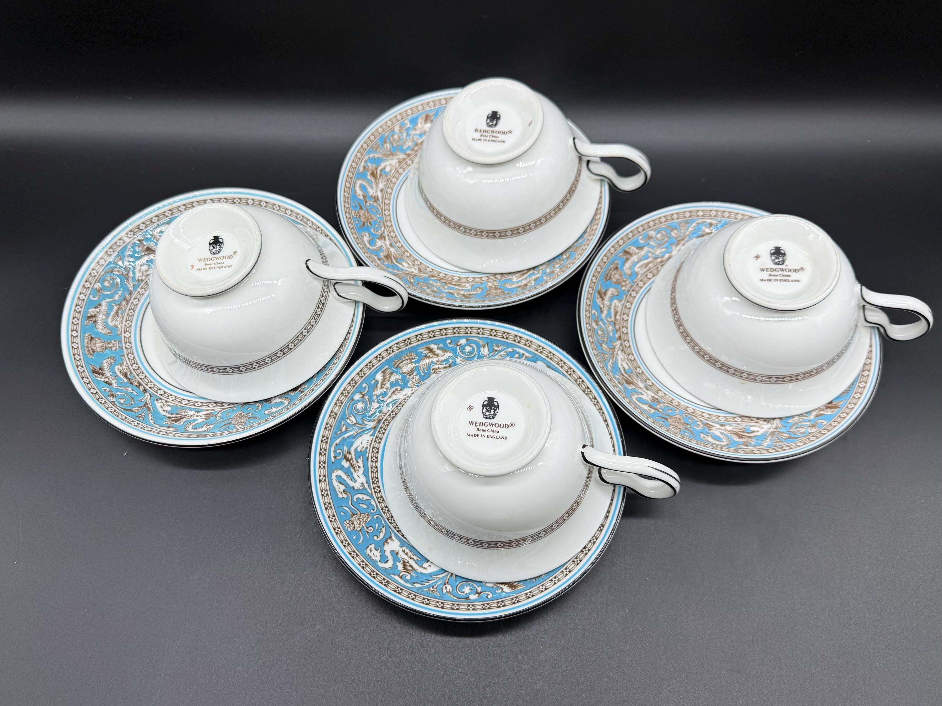 Wedgwood Florentine Turquoise Tea Cup Saucer Sets (set of 4) Bone