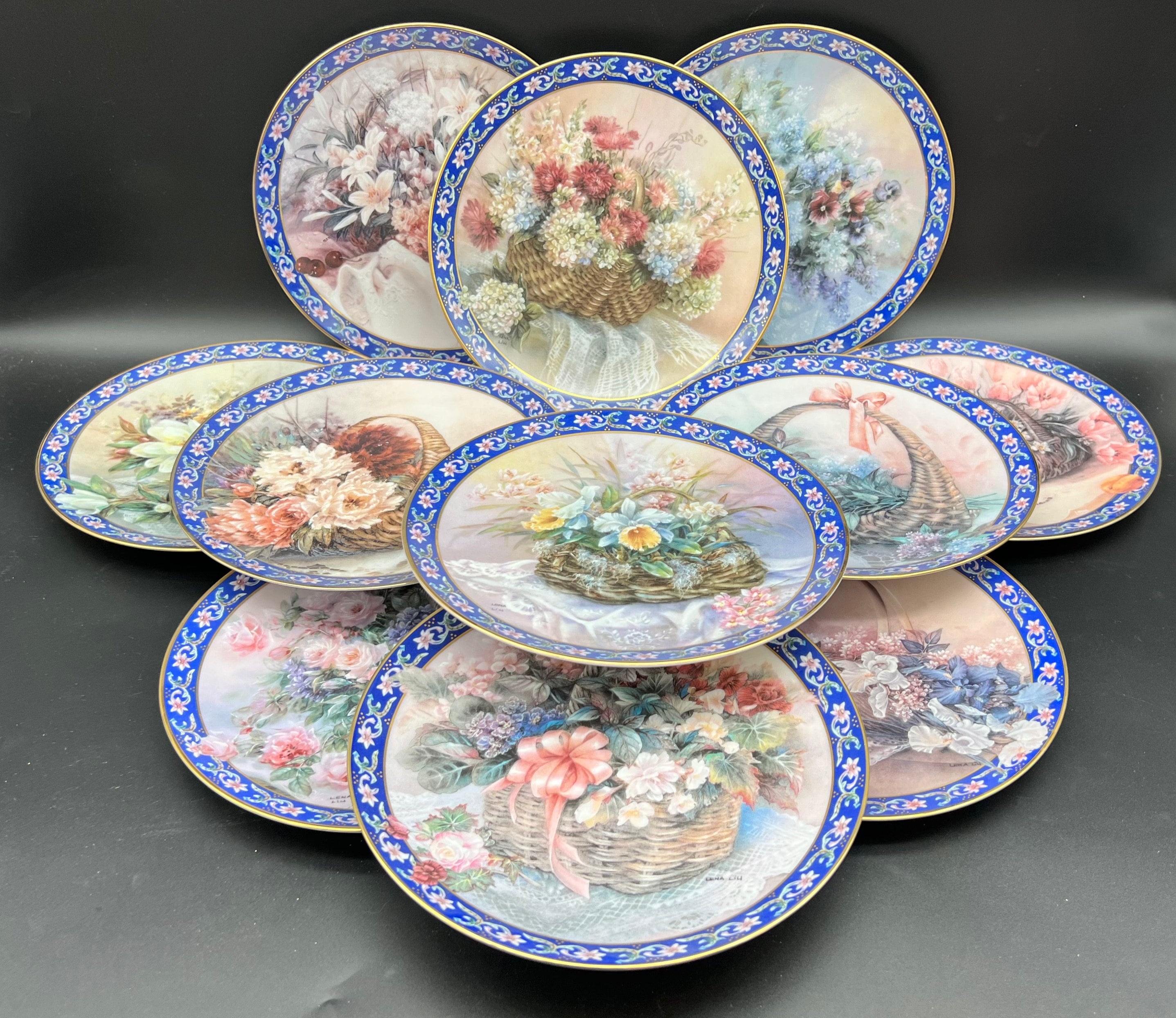 Bradford Exchange Lena Liu's Basket Bouquet Series Complete Plates
