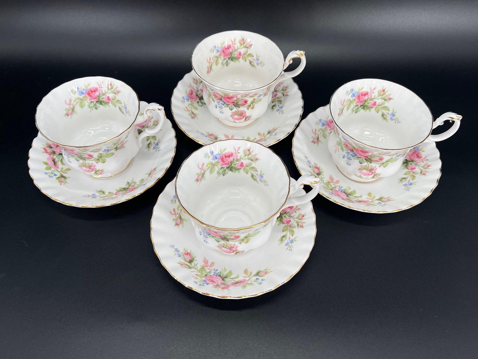 Royal Albert Moss Rose Tea Cup Saucer Set x 4 Bone China Etsy