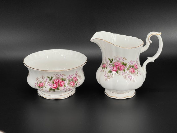 Milk jug sugar bowl and plate Lavender rose. Vintage Royal Albert cream and sugar set English fine bone china