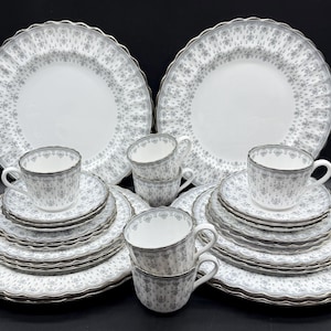 Spode Fleur De Lys Grey Platinum 5 Piece Place Setting X 6 Bone