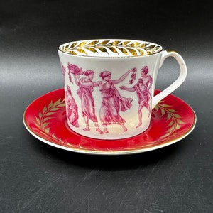 Queen Anne Red Greek Scene Tea Cup Saucer Set Bone China England