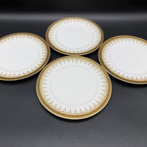 May include: Four round white ceramic plates arranged in a cluster. Each plate features a wide, decorative border with a repeating gold-toned filigree pattern and a thin, dark brown dotted edge detail along the outer rim of the dinnerware set.