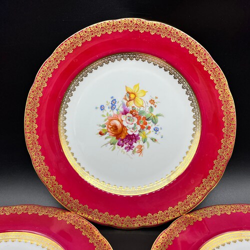 Hammersley Howard Sprays shops Red Rim Plates(4) Bone China England