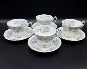 Royal Albert Silver Maple Tea Cup Saucer Sets (Set of 4) Bone China England