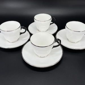 Wedgwood Platinum White Tea Cup Saucer Set x 4 Bone China England Black Handles