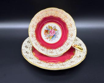 Aynsley Red Bailey Signerad Rose Tekopp Såsset Benporslin England
