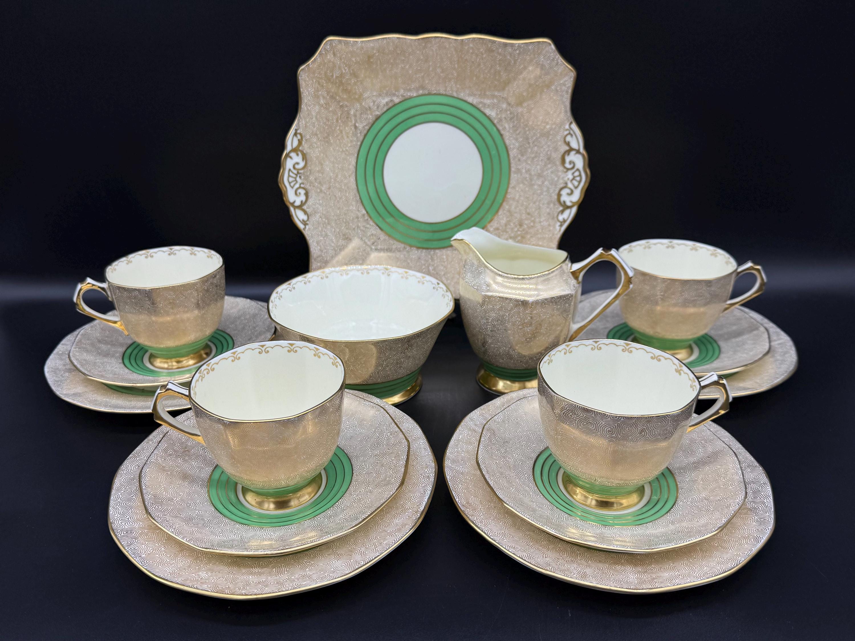  BONE CHINA　食器 Tuscan 4882A Green Gold Lace Tea Set for 4 Bone China England 15