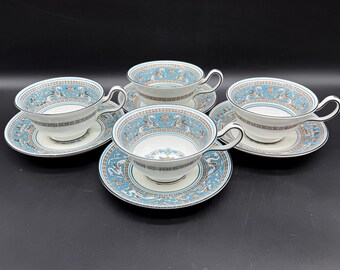 Wedgwood Florentine Turquoise Tea Cup Saucer Sets (set of 4) Bone