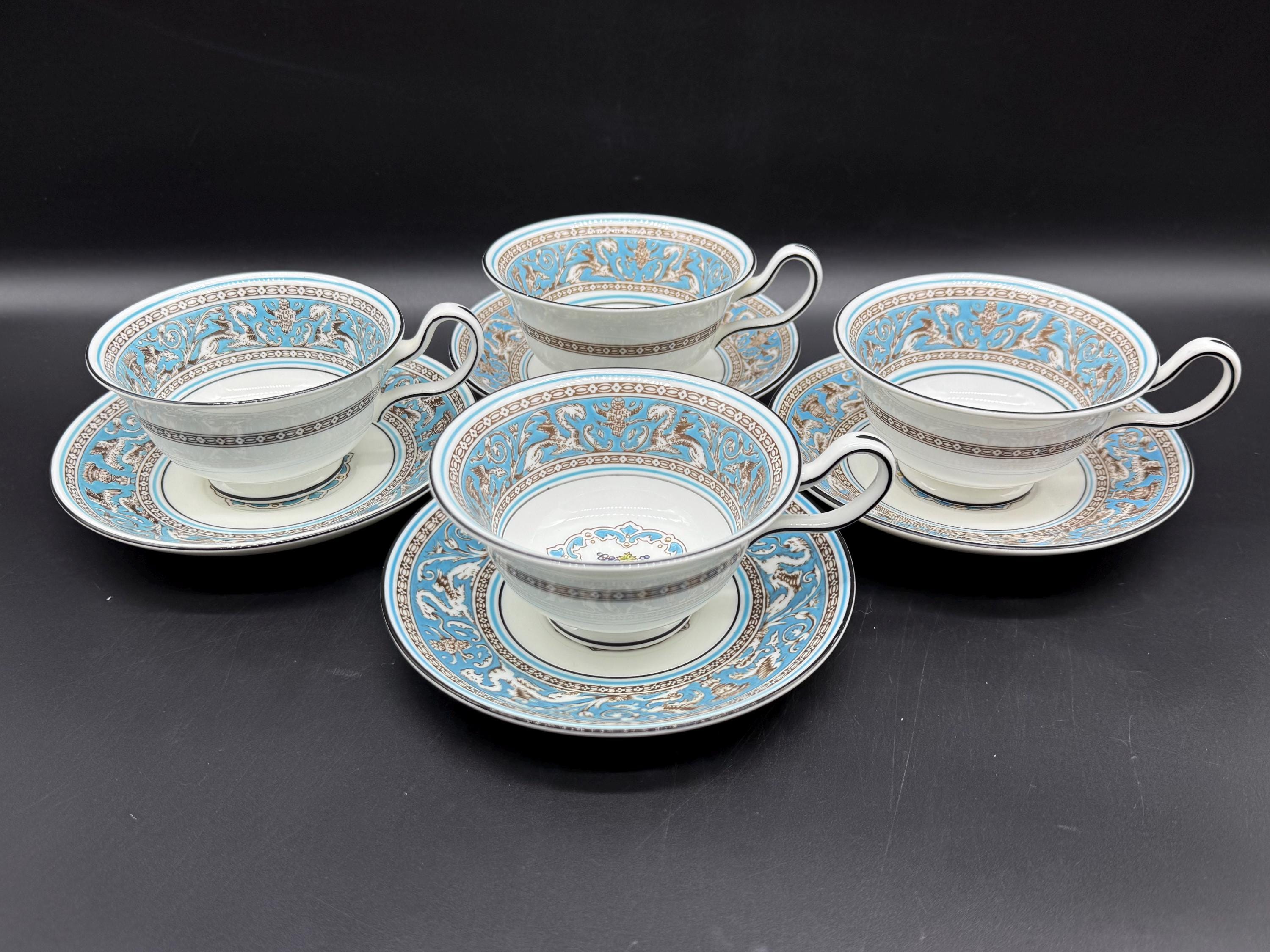 Wedgwood Florentine Turquoise Tea Cup Saucer Sets (set of 4) Bone