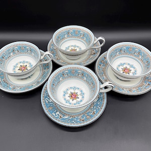 Wedgwood Florentine Turquoise Tea Cup Saucer  Sets (Set of 4) Bone China England