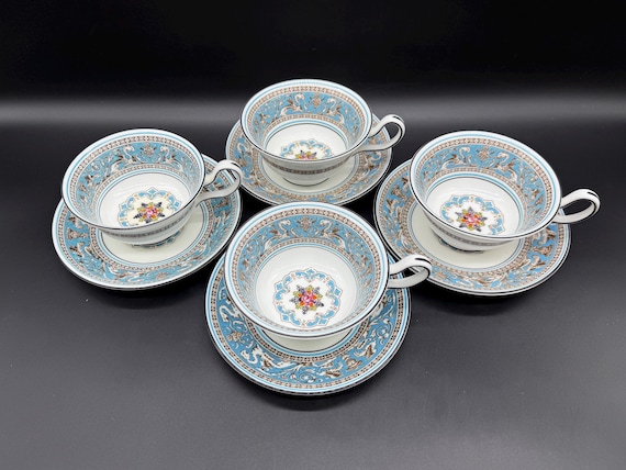 Wedgwood Florentine Turquoise Tea Cup Saucer Sets (set of 4) Bone