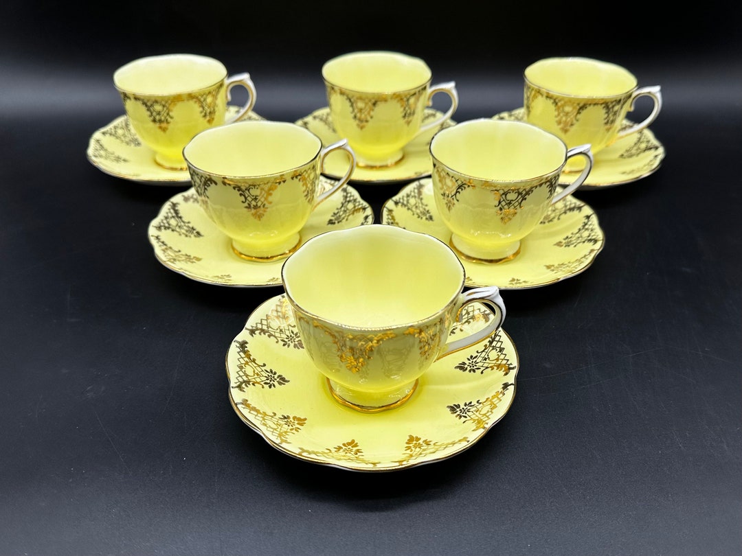 Royal Albert Gold Lace Yellow Tea Cup Saucer Sets(set of 6) Bone