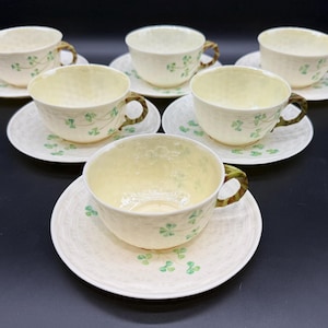 Juego de 6 tazas y platillos de té con trébol de Belleek, sellos de Irlanda.