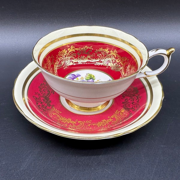 Paragon Maroon Flower Tea Cup Saucer Set with Gold Lace Bone China England