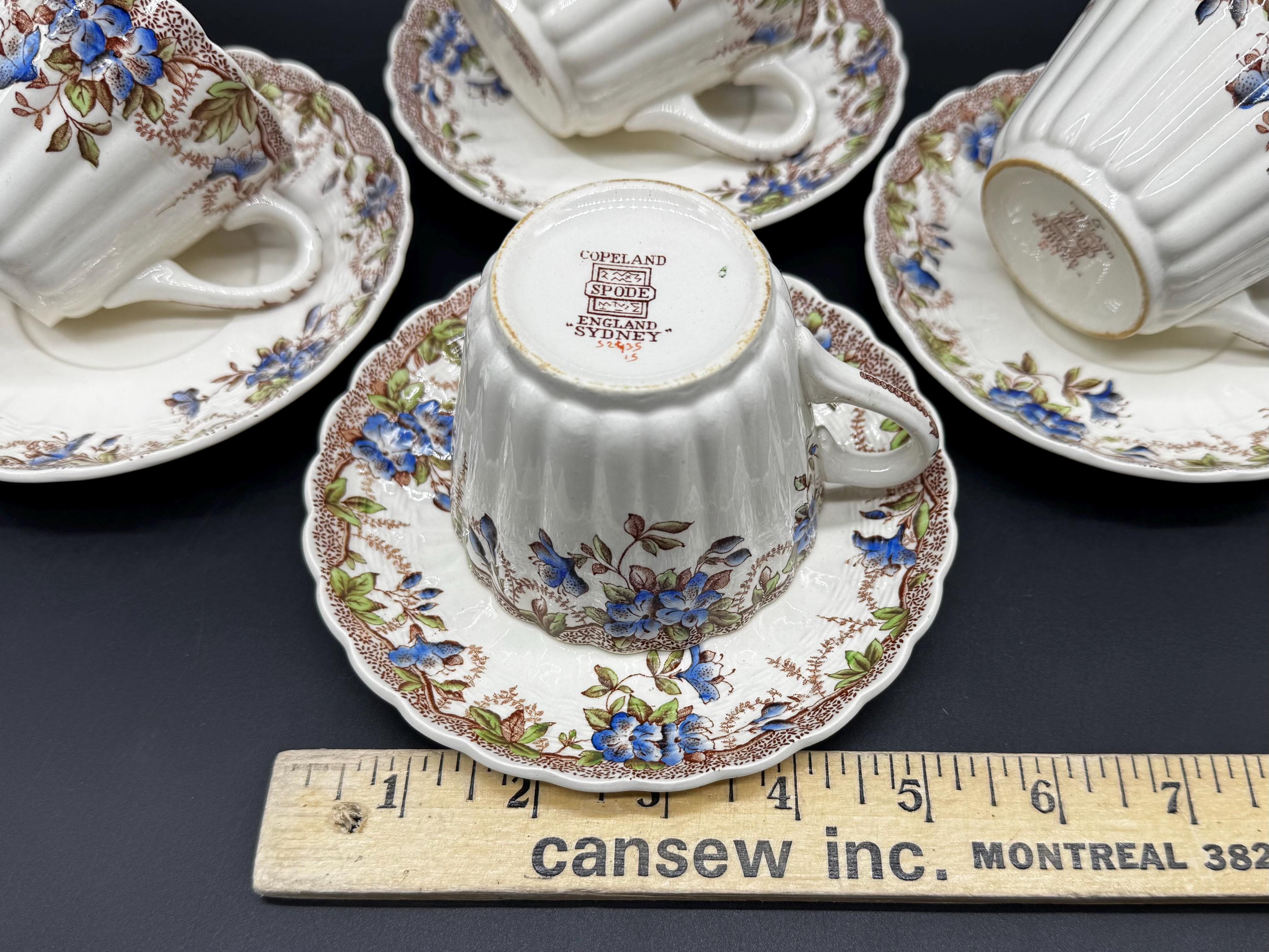 Spode Copeland Sydney Blue Tea Cup Saucer Sets (set of 4) England