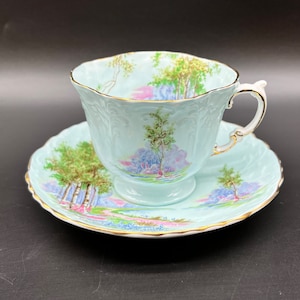 Aynlsey Bluebell Time Gold Trim Light Blue Tea Cup Sauce Set Bone China England