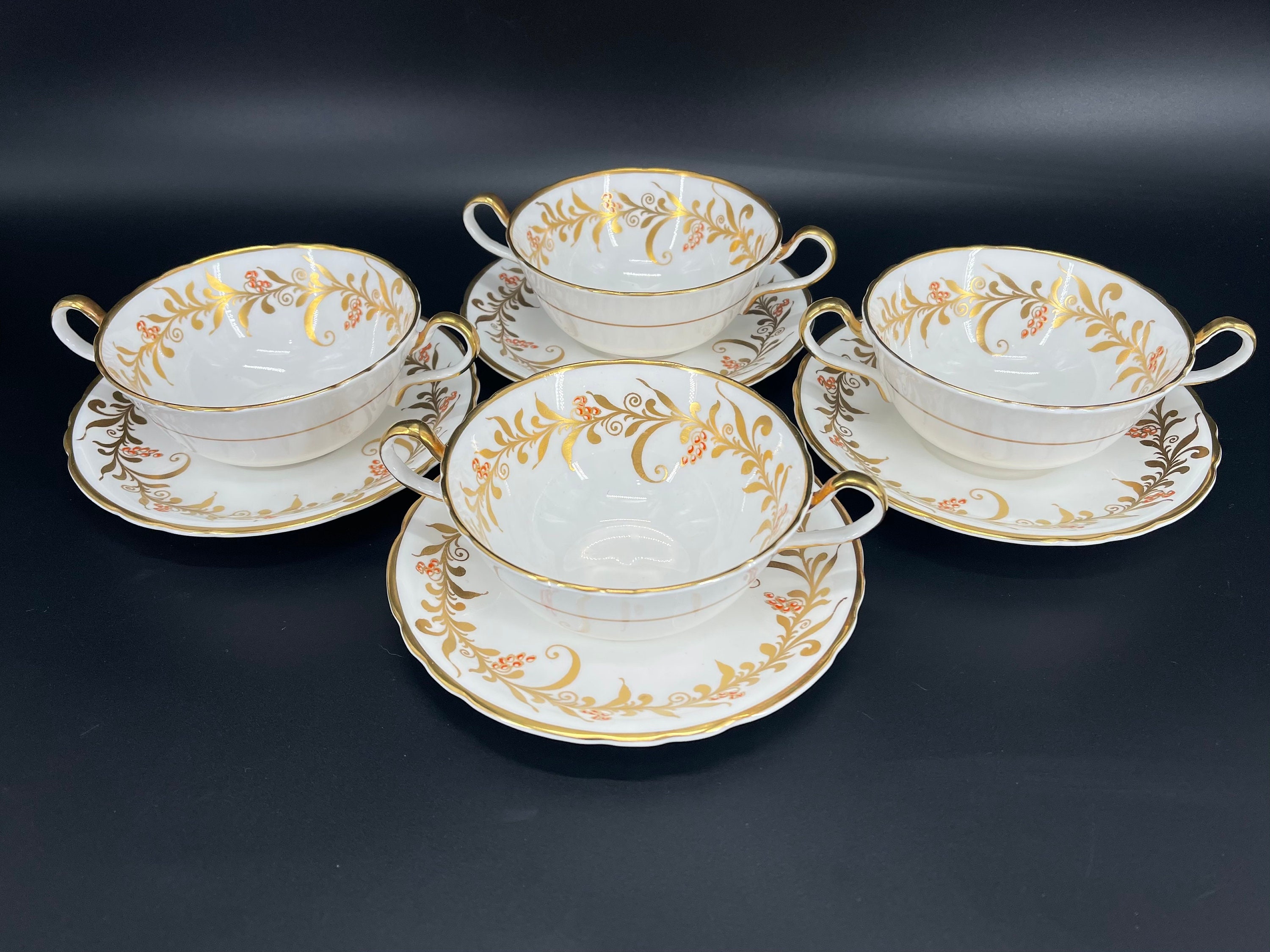 Aynsley 8069 Gold Leaf Cream Soup Bowl Saucer Set X 4 Bone