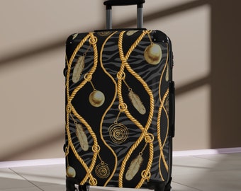 Suitcase, suitcase with amulets, black suitcase with gold cords, Cabin Suitcase, Custom Luggage, individual luggage, suitcase with feathers