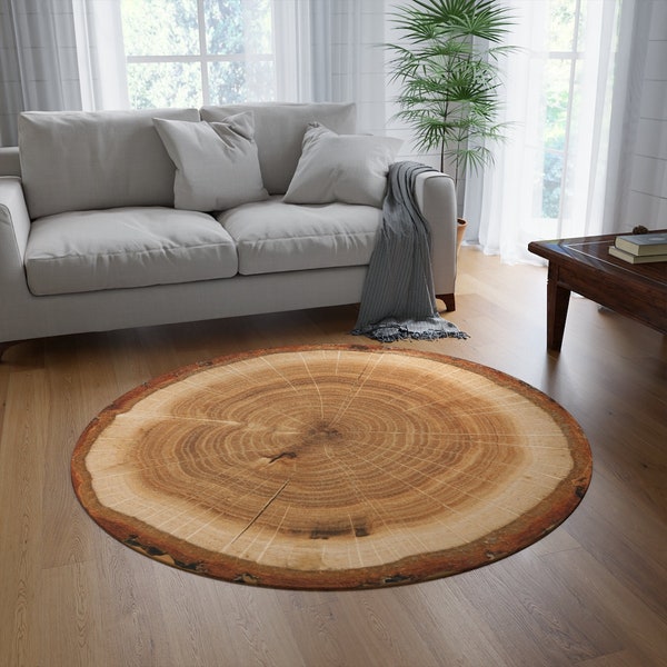 Round Rug, round carpet with wood slice print, rug with a print cut of a tree, round carpet with a print cut of a tree