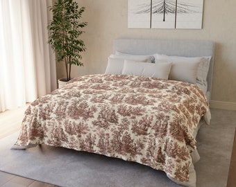 Soft Polyester Blanket, Toile de Jouy Blanket, French Country Blanket, Toile de Jouy Blanket Brown on Cream Background