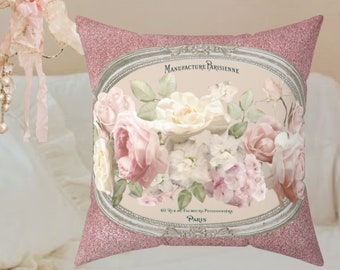 Faux Suede Square Pillow, Shabby chic throw pillow, throw pillow with rose, Paris throw pillow, Paris shabby chic decor, Pink Rose pillow