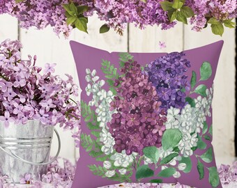 Spun Polyester Square Pillow, throw pillow with lilac, lilac spring pillow, flower throw pillow, watercolor flowers pillow, rustic decor