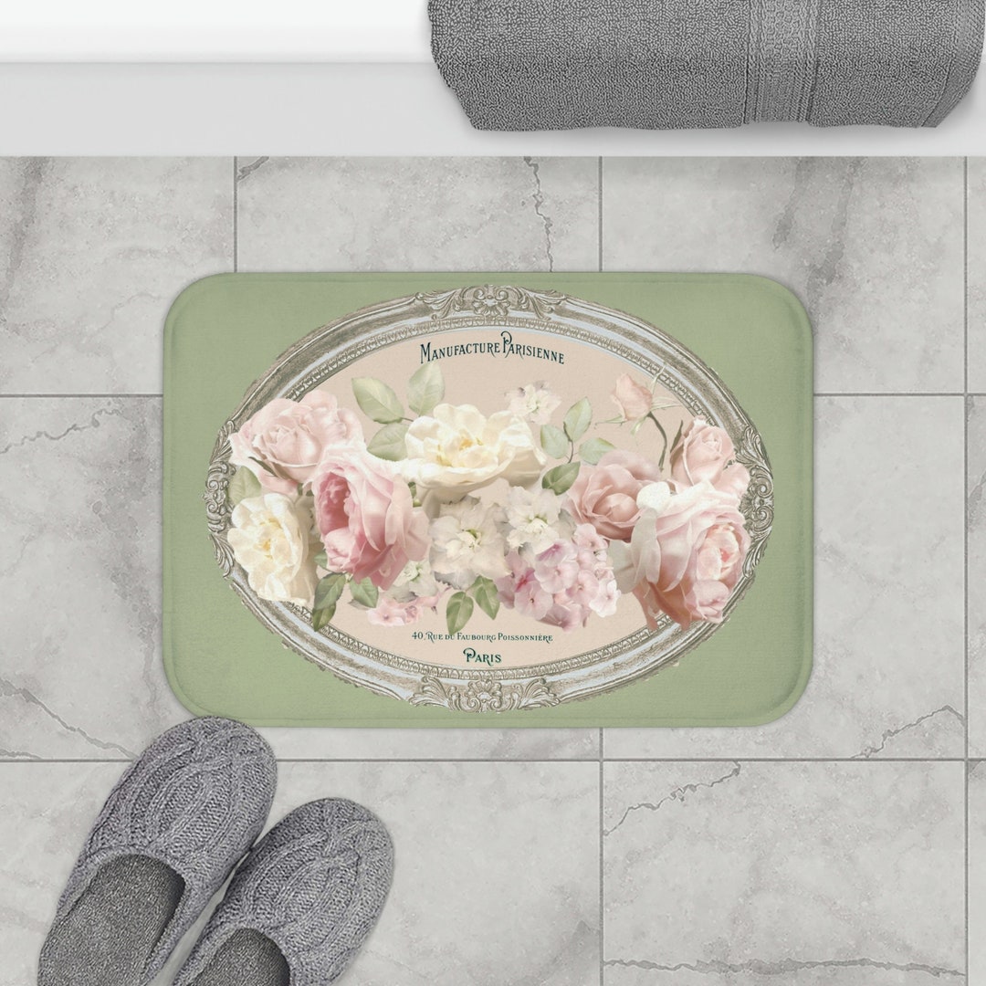 Bath Mat, Light Green Shabby Chic Bath Mat, Bath Mat With Rose, Shabby