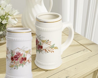 Stein Mug, white ceramic mug in retro style, Retro style floral mug, tall white mug with ribbed outline, 22oz ceramic mug, price for one mug