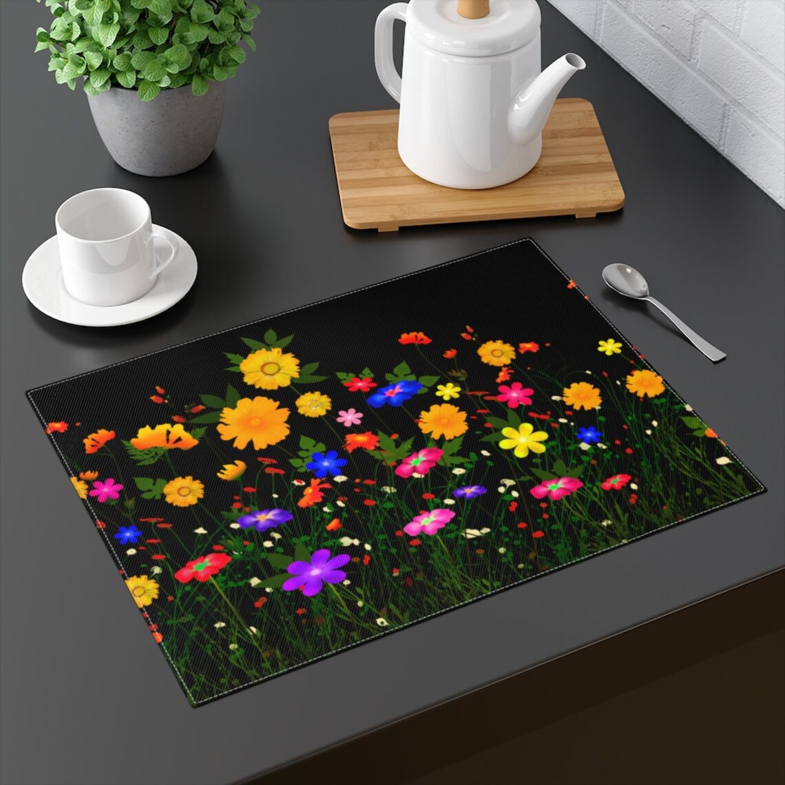 Placematfloral Placemat Placemat With Flowersblack Placemat Etsy