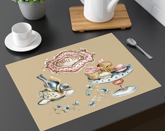 Placemat, 1pc, Placemat with cakes, coffee time Placemat, spring table decor, retro Placemat, Placemat with blue bird